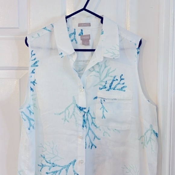 NWOT Women’s Chico’s 100% Linen Coral Print Sleeveless Button-Down Tunic 16/18 - Picture 4 of 11